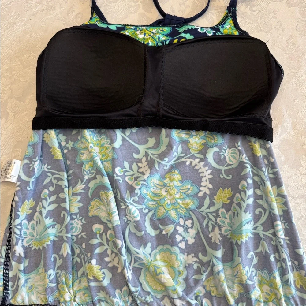 Lands' End Sz 10 Blouson Blue Paisley‎ Floral Tankini Top Swimsuit Tummy Hiding
